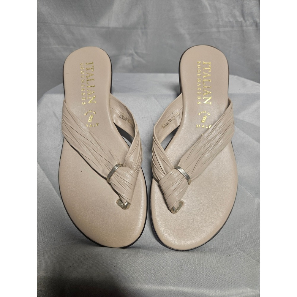 Italian Shoemakers Womens Beige Ruched Thong Wedge Sandals Made in Italy Size 6 - Picture 3 of 8